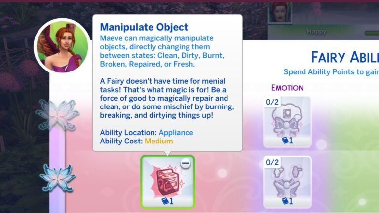 A screenshot from The Sims 4 showing the manipulate object fairy perk
