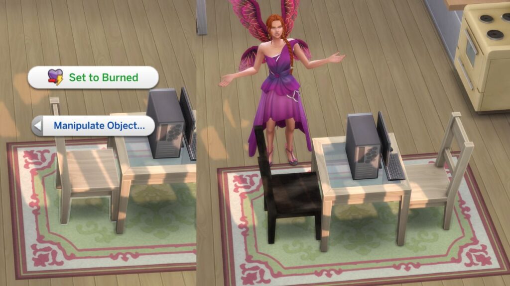 A screenshot from The Sims 4 showing the manipulate objects menu on a chair and it being burned
