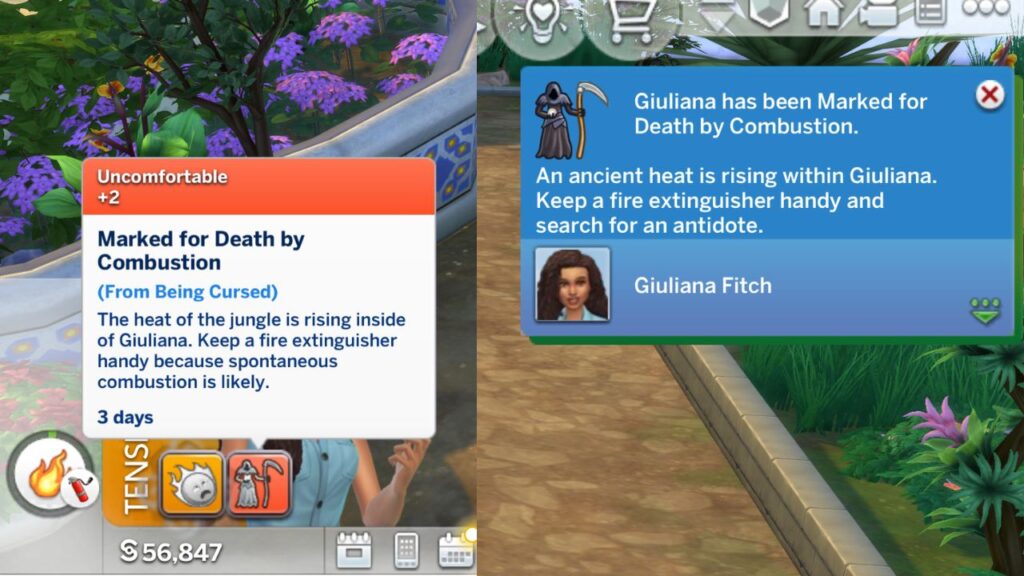 A screenshot from The Sims 4 showing a sim who is marked for death by combustion