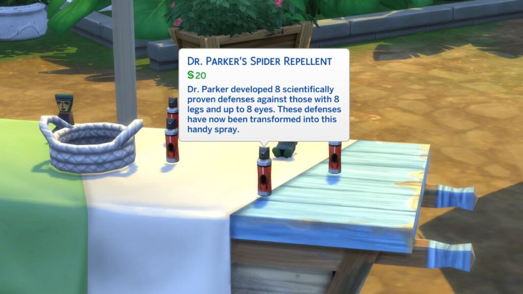 A screenshot from The Sims 4 showing Dr Parker's Spider Repellent on a marketplace table 