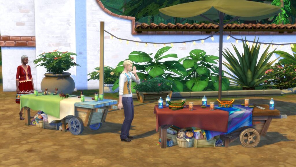 A screenshot from The Sims 4 showing two sims working marketplace tables