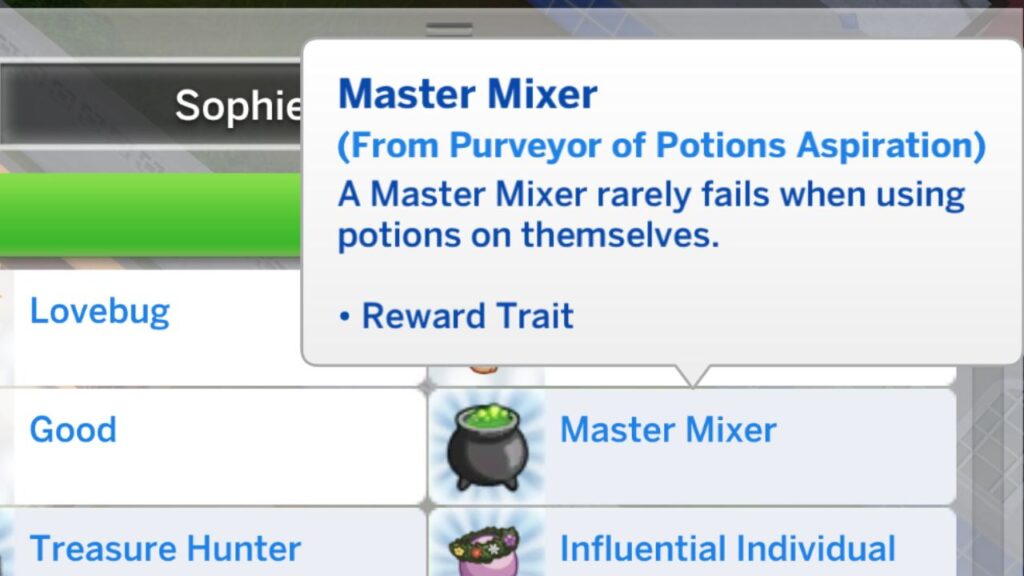A screenshot from The Sims 4 showing the master mixer trait you get from finishing the purveyor of potions aspiration