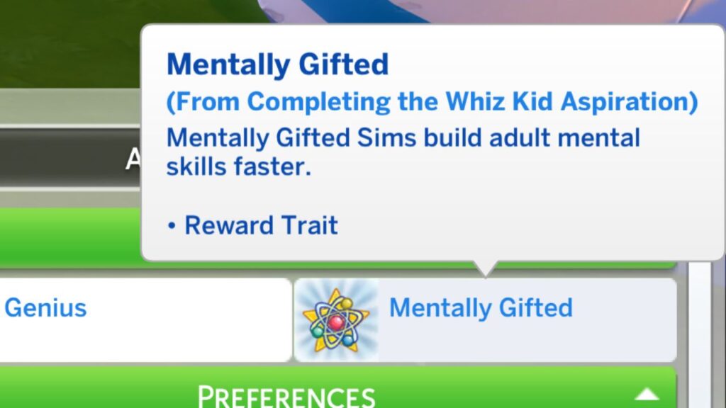 A screenshot from The Sims 4 showing the mentally gifted reward trait for kids