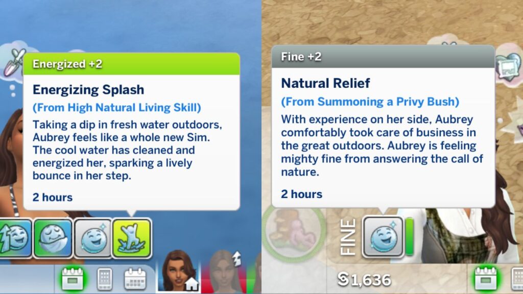 A screenshot from The Sims 4 showing the notifications you get with a high natural living skill after bathing in water or using a privy bush