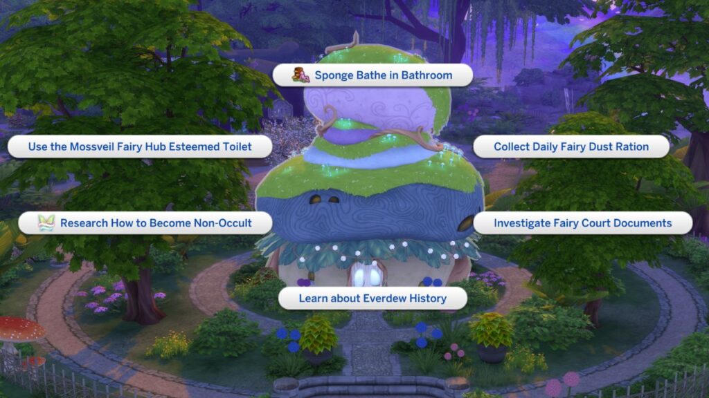 A screenshot from The Sims 4 showing the Mossveil Fairy Hub and the interactions with it