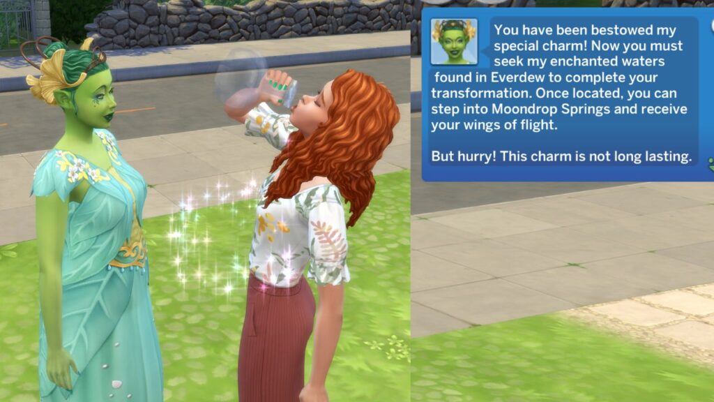 A screenshot from The Sims 4 showing a sim drinking a beverage from mother nature and the notification giving instructions to become a fairy