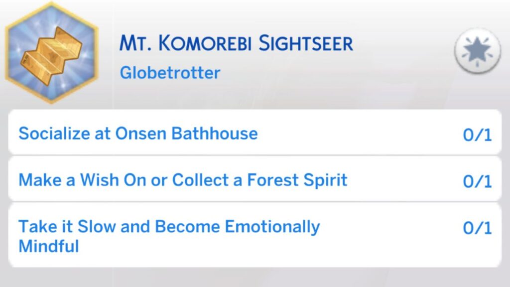 A screenshot from The Sims 4 showing the third stage of the mt komorebi sightseer