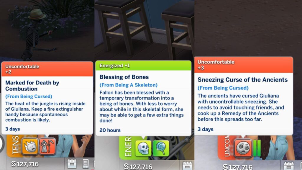 A screenshot from The Sims 4 showing three effects of mystical relics on sims 