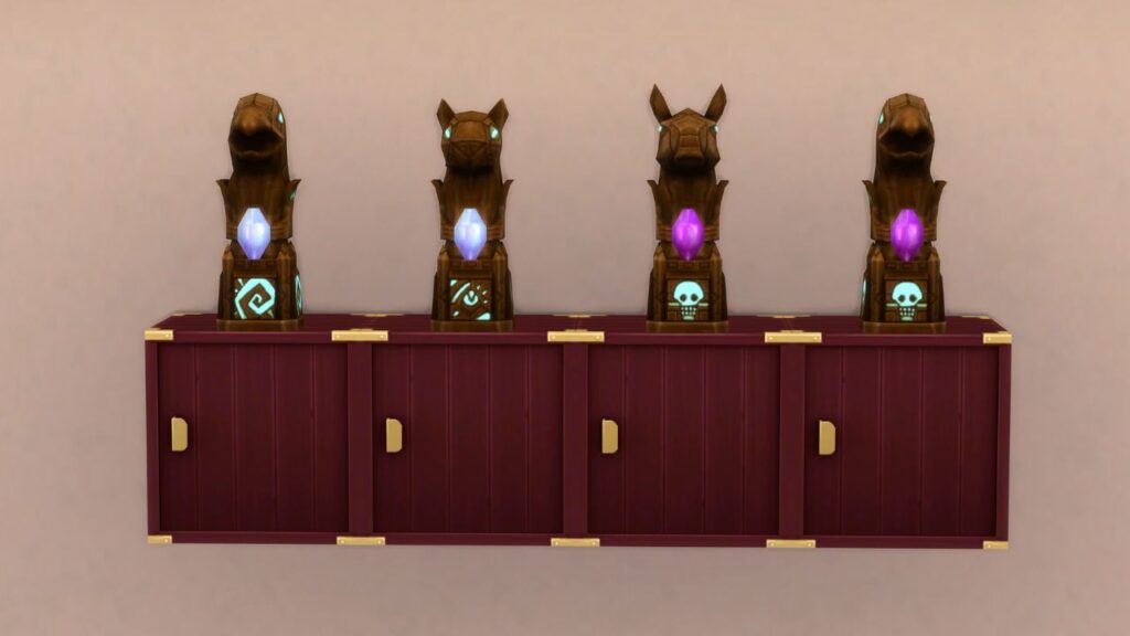 A screenshot from The Sims 4 showing a set of four mystical relics