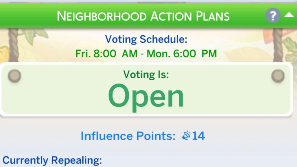 A screenshot from The Sims 4 showing the Neighborhood Action Plans section on the simology panel