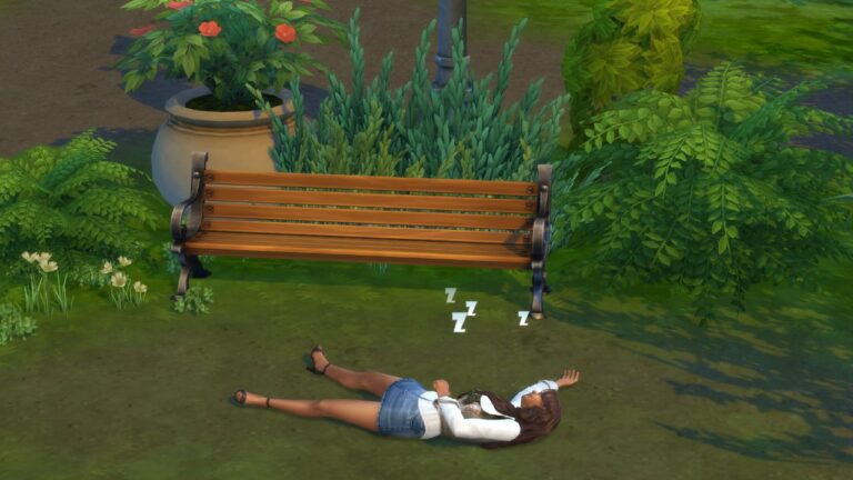 A screenshot from The Sims 4 showing a sim sleeping on the ground with the natural living skill