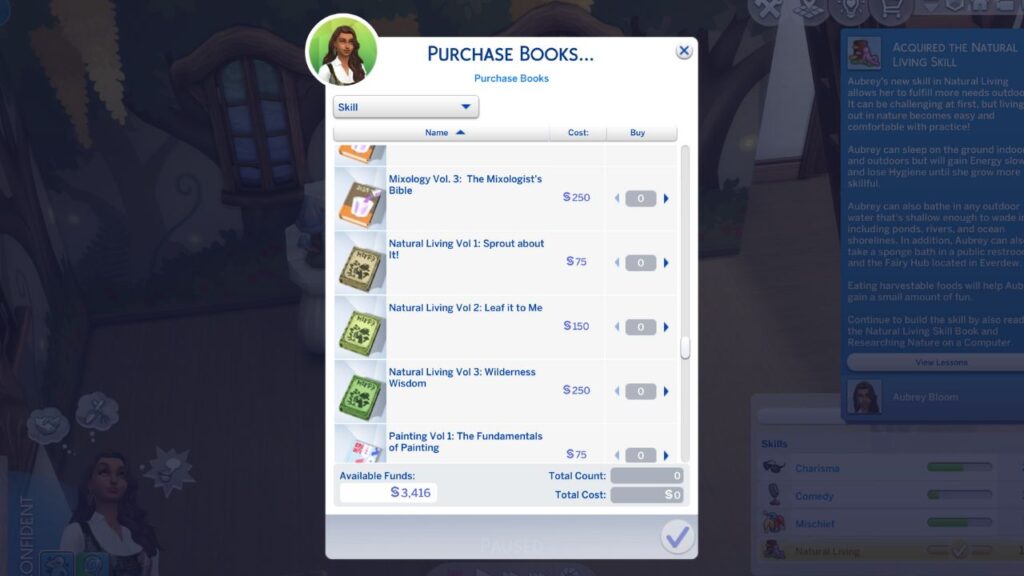 A screenshot from The Sims 4 showing the natural living skill books you can read.