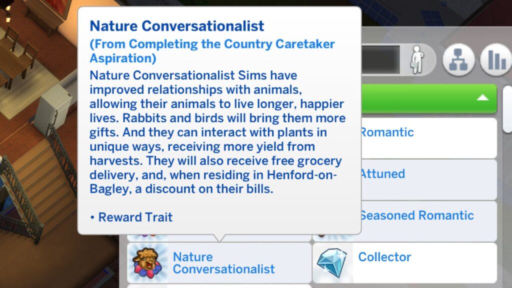A screenshot from The Sims 4 showing the nature conversationalist trait you get from finishing the country caretaker aspiration