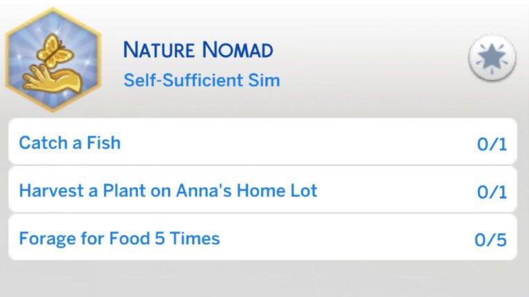 A screenshot from The Sims 4 showing the first stage of the nature nomad aspiration