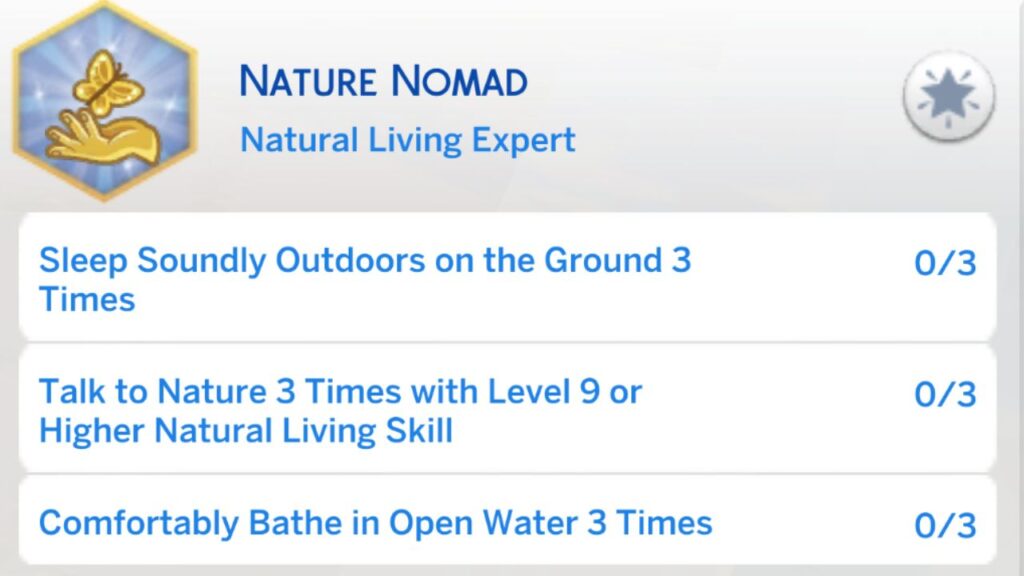 A screenshot from The Sims 4 showing the second stage for the nature nomad aspiration