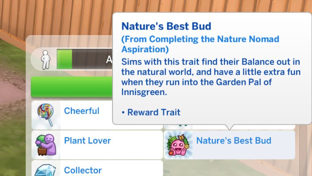 A screenshot from The Sims 4 showing the Nature's Best Bud reward trait from the nature nomad aspiration