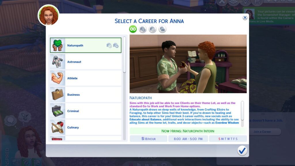 A screenshot from the sims 4 showing the naturopath career description
