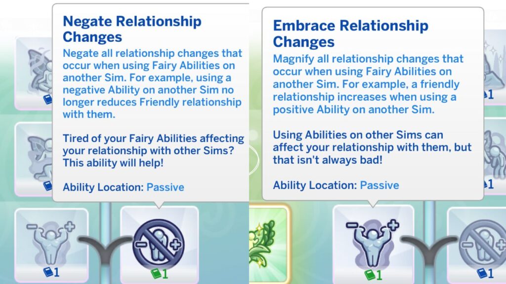 A screenshot from The Sims 4 showing the negate relationship changes or embrace relationship changes ability