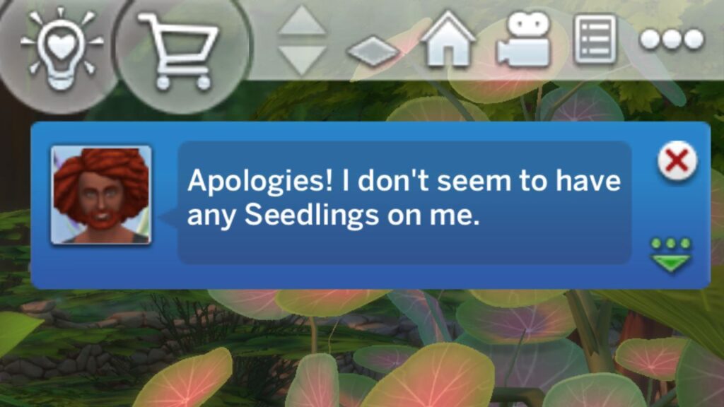 A screenshot from The Sims 4 showing the notification you get when a fairy doesn't give you a seedling