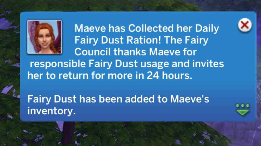 A screenshot from The Sims 4 showing the notification you get when you collect your daily rations of fairy dust