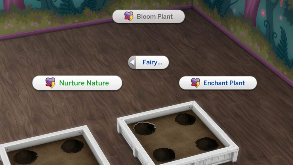 A screenshot from The Sims 4 showing the option for a fairy to nurture nature on a gardening plant 