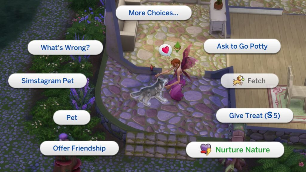 A screenshot from The Sims 4 showing the ability for a fairy to nurture nature on a dog 