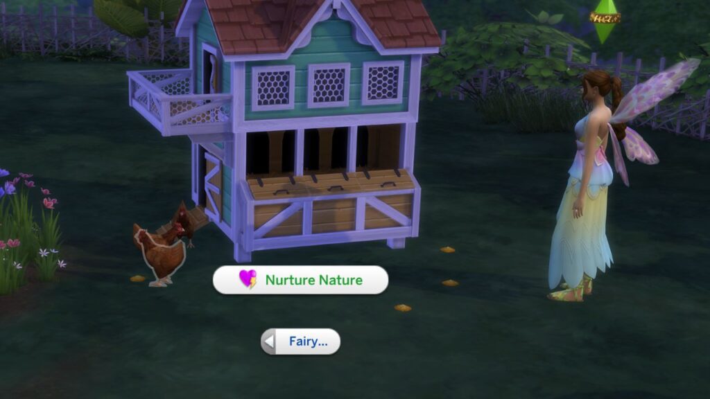 A screenshot from The Sims 4 showing the ability to use nurture nature on a chicken 