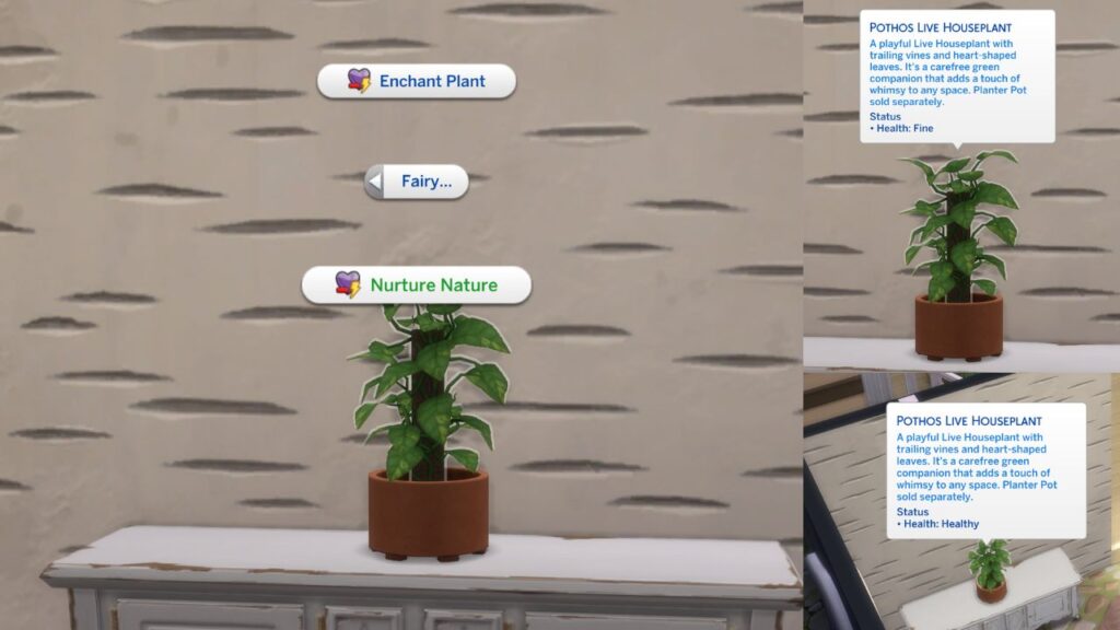 A screenshot from The Sims 4 showing a houseplant using the nurture nature fairy ability and the status of the houseplant before and after 