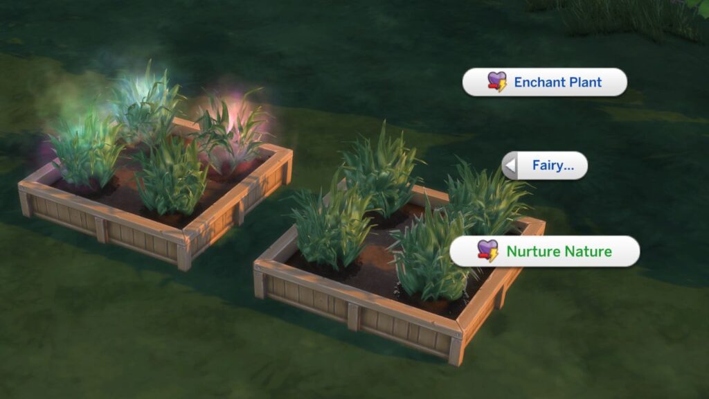 A screenshot from The Sims 4 showing the option to nurture nature on a plant
