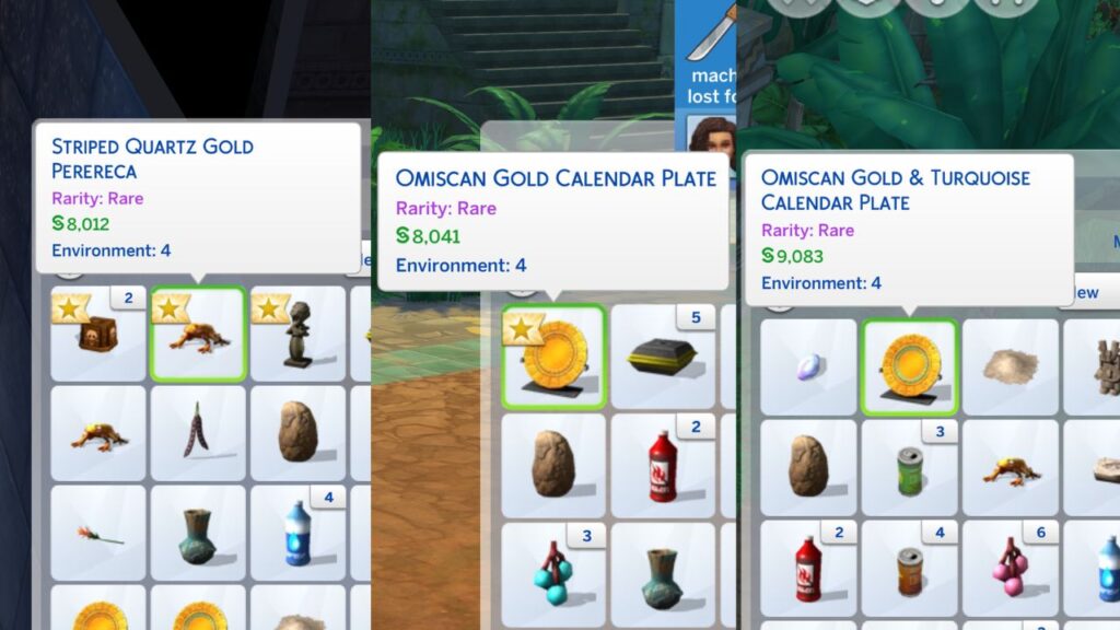 A screenshot from The Sims 4 showing some treasures from the temple
