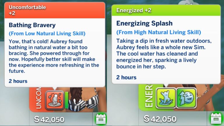 A screenshot from The Sims 4 showing the moodlets from bathing in open water