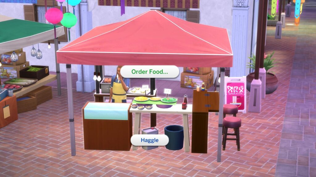 A screenshot from The Sims 4 showing how to order food at a night market