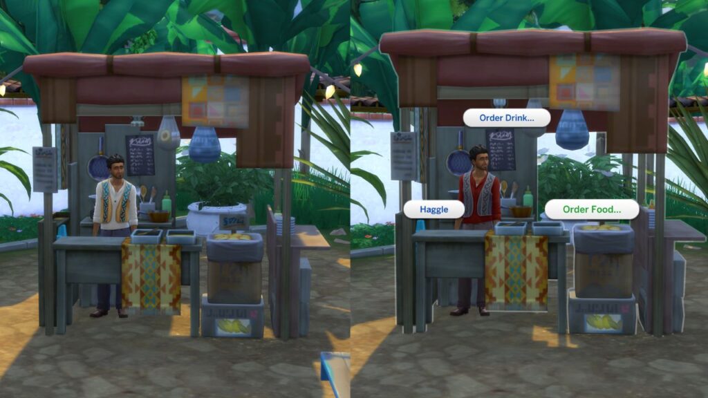 A screenshot from The Sims 4 showing where to order a selvadoradian meal at the food stand 