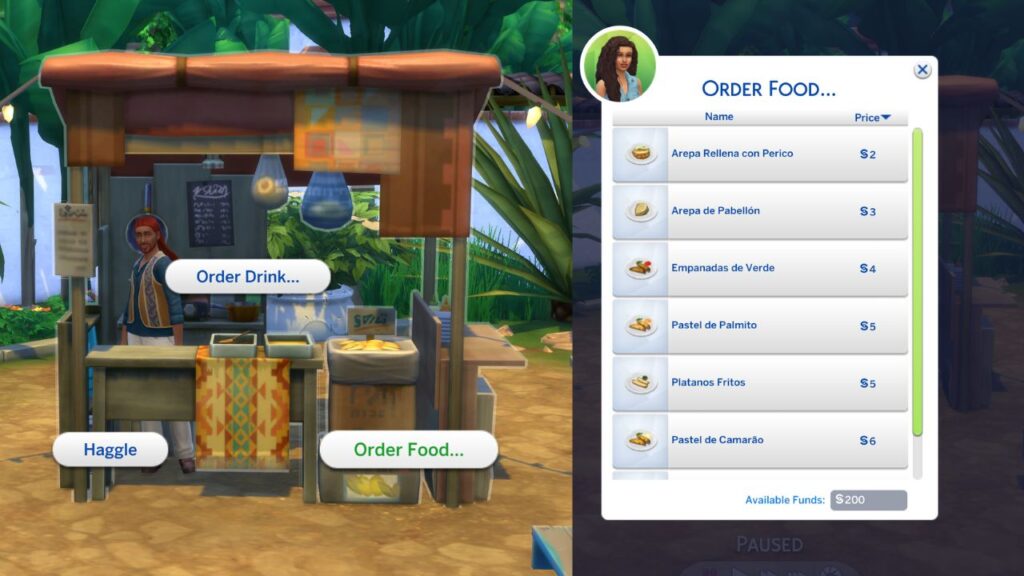 A screenshot from The Sims 4 showing how a sim can eat a salvadoradian meal