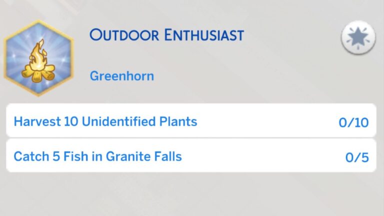 A screenshot from The Sims 4 showing the first stage of the outdoor enthusiast aspiration