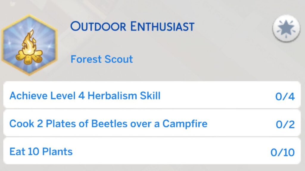 A screenshot from The Sims 4 showing the second stage of the outdoor enthusiast aspiration