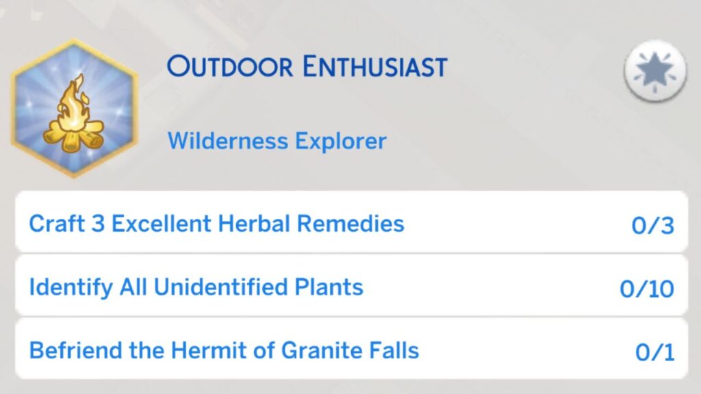 A screenshot from The Sims 4 showing the third stage of the outdoor enthusiast aspiration