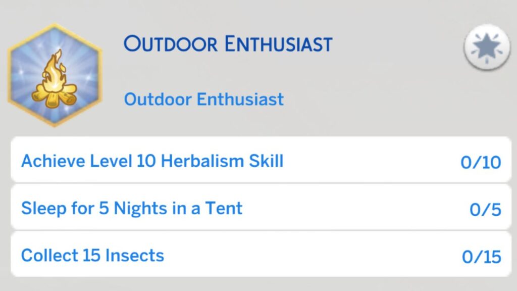 A screenshot from The Sims 4 showing the fourth stage of the outdoor enthusiast aspiration