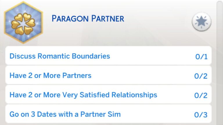 A screenshot from The Sims 4 showing the paragon partner aspiration tasks