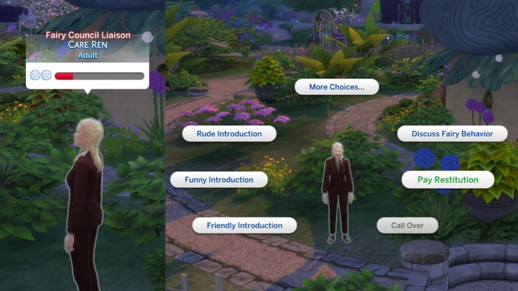 A screenshot from The Sims 4 showing the option to pay restitution to Care Ren 