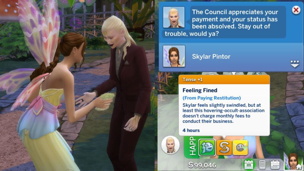 A screenshot from The Sims 4 showing the animation for paying a fine to Care Ren and the moodlet you get 