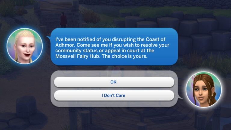 A screenshot from The Sims 4 showing the phone call you get from Care Ren when you become a problem fairy