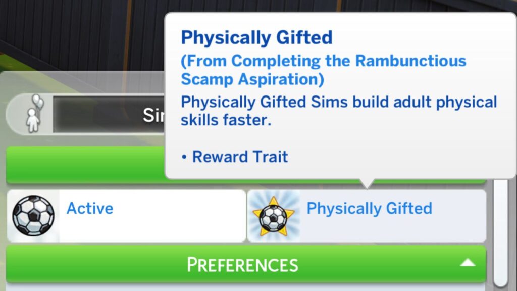 A screenshot from The Sims 4 showing the physically gifted reward trait