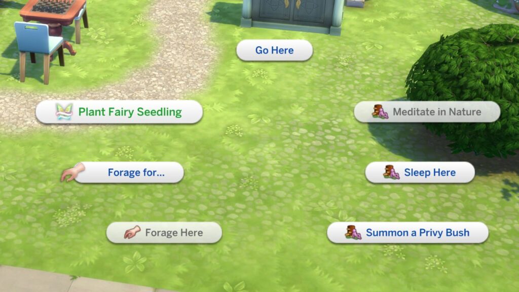 A screenshot from The Sims 4 showing the option to plant a fairy seedling on the ground