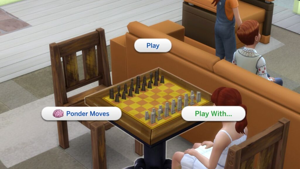 A screenshot from The Sims 4 showing a child sitting at a chess table with Play With highlighted