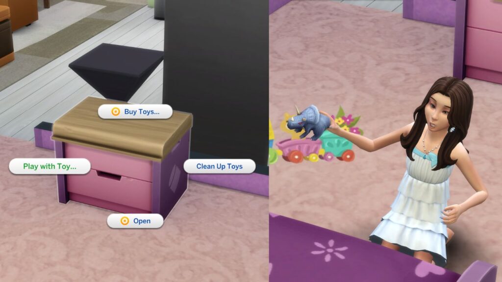 A screenshot from The Sims 4 showing the option to play with toys on a toy box