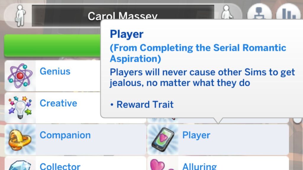 A screenshot from The Sims 4 showing the player trait you get from finishing the serial romantic aspiration