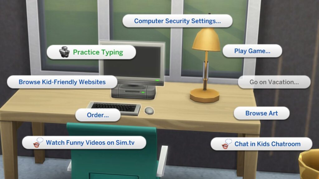 A screenshot from The Sims 4 showing how a sim can practice typing on a computer