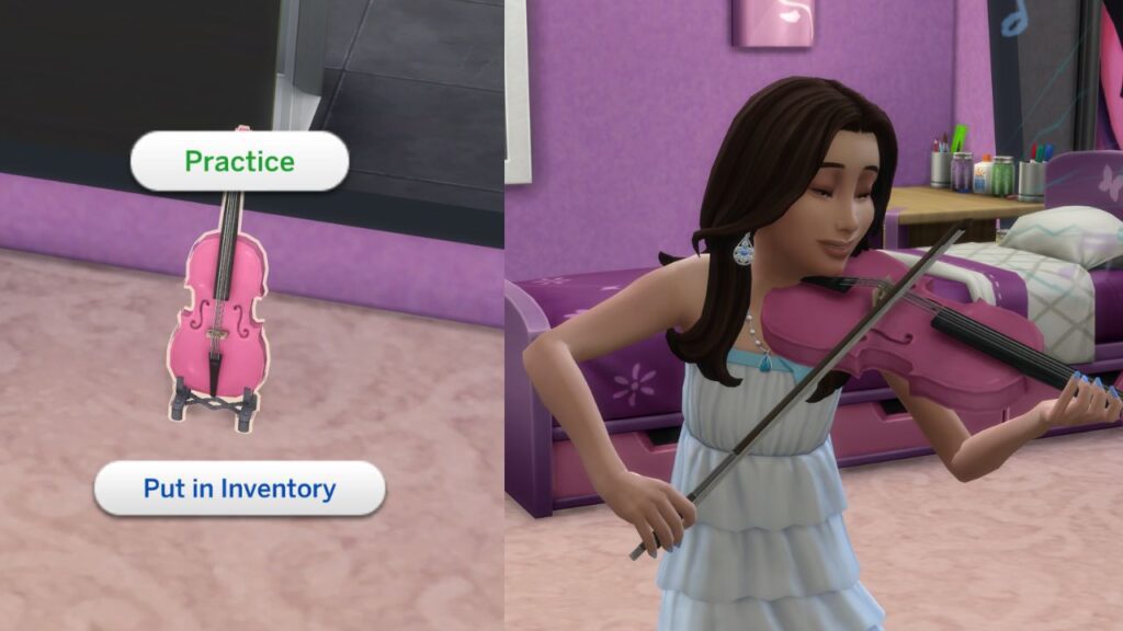 A screenshot from The Sims 4 showing the option to practice violin and a child playing the violin in a pink room