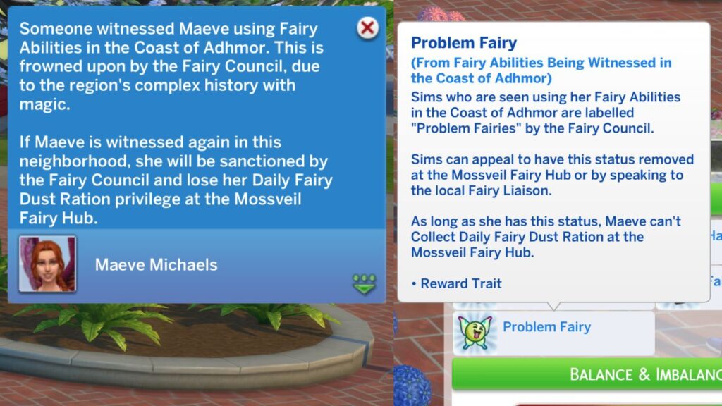 A screenshot from The Sims 4 showing a sim who has been bad and is now a prhblem fairy